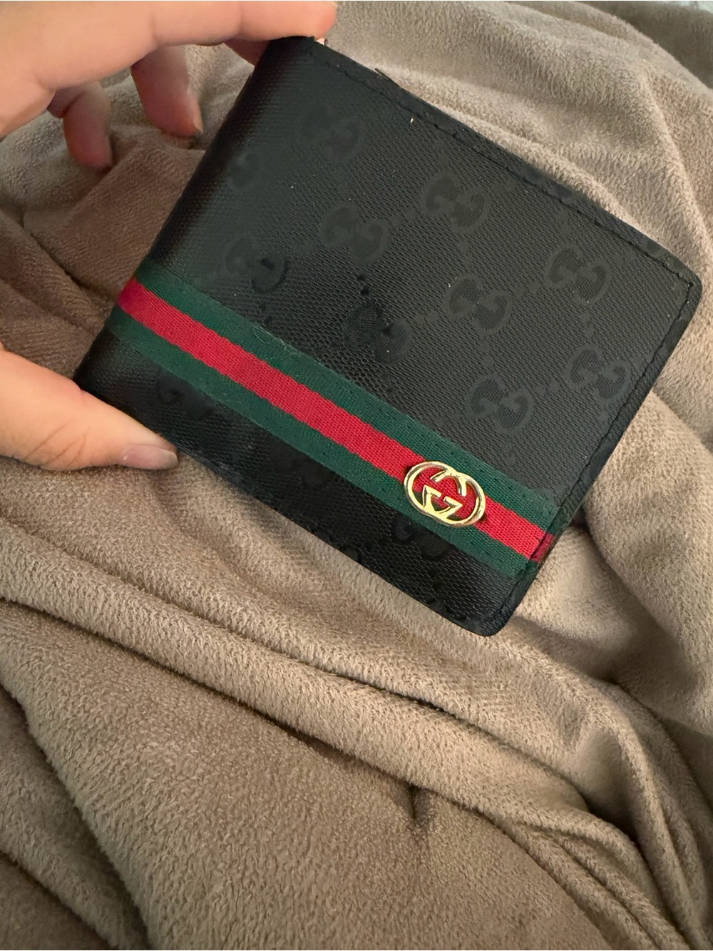 Gucci Black Card Holder Wallet with Red and Green Stripe